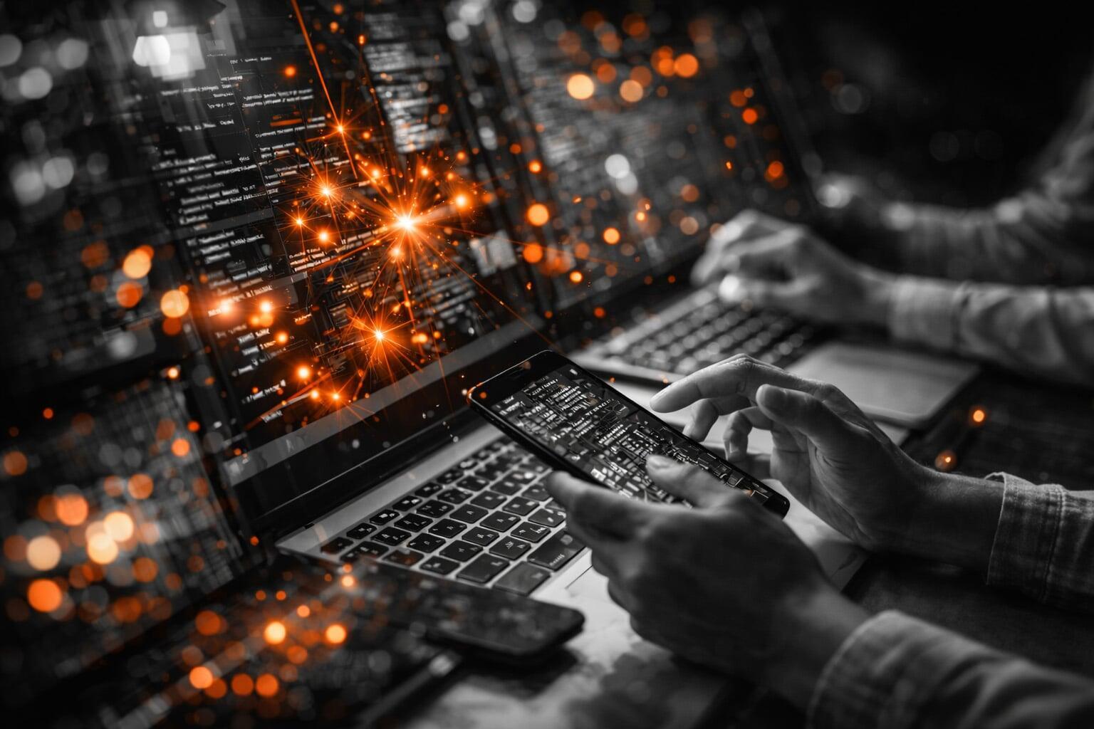 hands working on multiple digital screens